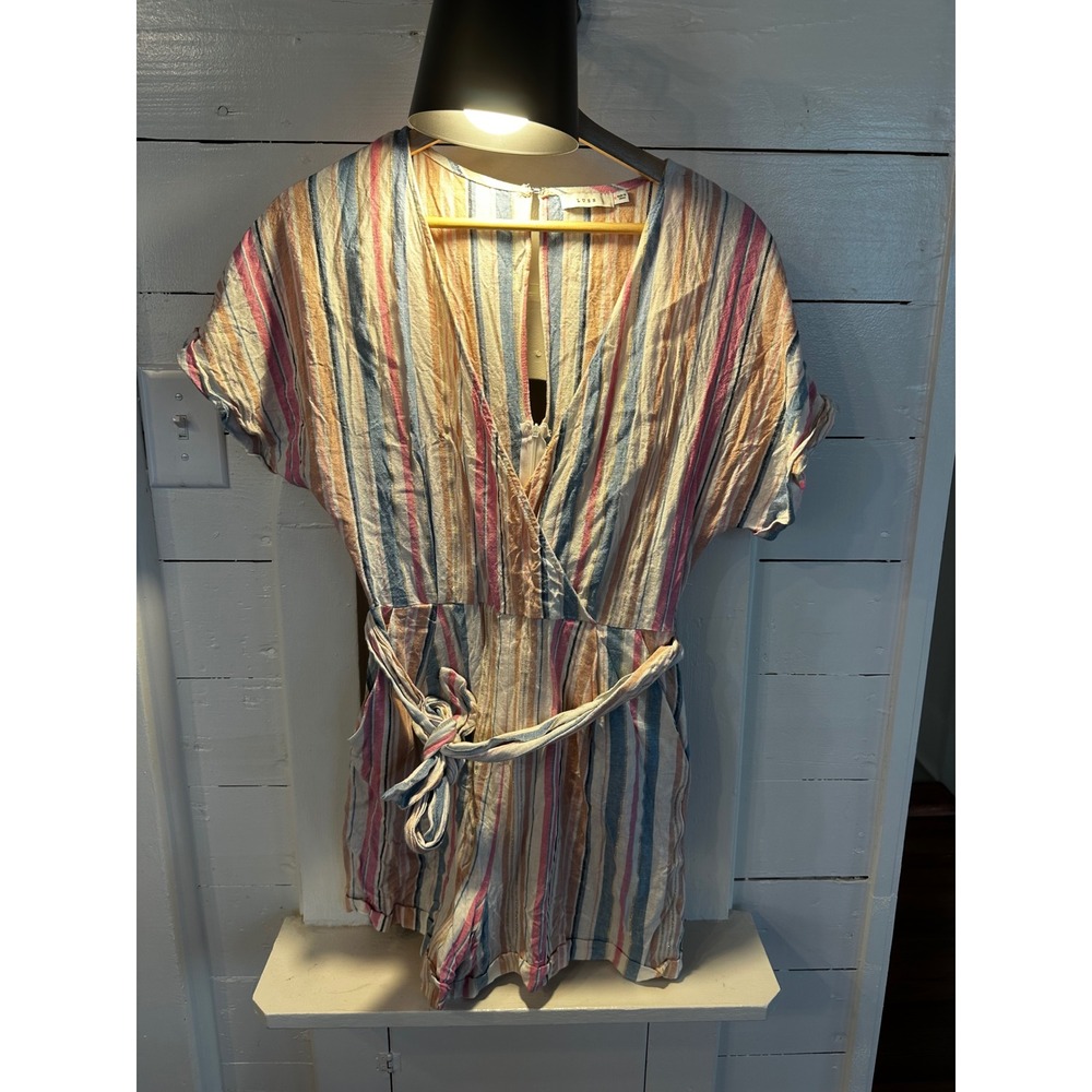 Lush Womens Multi Color Striped Short Sleeve Tie Waist Romper Size Medium